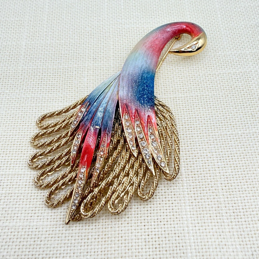 Vintage Blue and Red Glitter Enamel Gold Tone Peacock Bird Brooch Pin